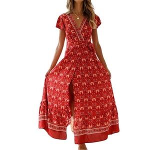 Red Floral Maxi Wrap Dress with Short Sleeves